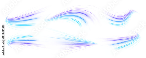 Blue electric waves flow across a transparent surface creating neon trails. The luminous composition conveys speed and futuristic power. Great for high-tech visual effects.