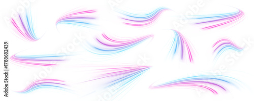 Set of glowing neon motion trails forming curved light paths on a dark background. Abstract blue and red energy lines create a sense of speed. Perfect for futuristic design visuals.