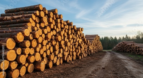 Massive piles of recently harvested timber logs stacked symmetrically outdoors in a sunny woodland area awaiting processing or transport ,large ,lumber ,firewood