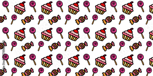 Vibrant pixel art pattern displaying delightful sweet treats cupcakes, lollipops, and wrapped candies, perfect for whimsical digital designs