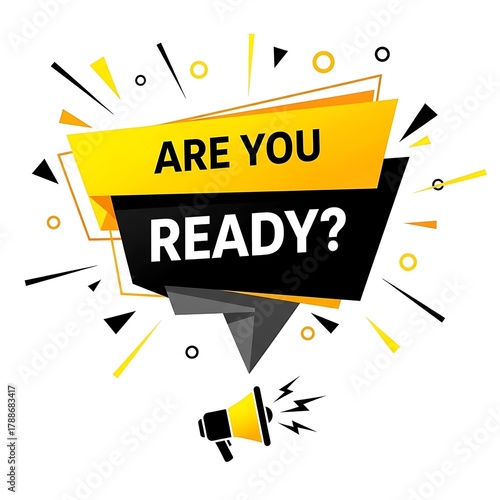 a vibrant and dynamic graphic design featuring a yellow banner with bold text a megaphone and scattered geometric shapes in black and gold