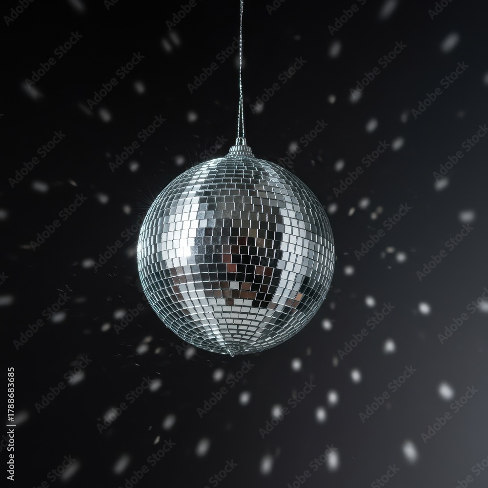Fototapeta premium Reflective silver disco ball decoration suspended in mid-air, catching ambient light for a festive, celebratory mood ,hanging, shimmer, light