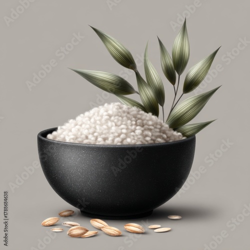 Rice in a black bowl with decorative leaves and grains spread around