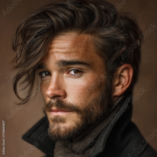 Man with stylish hairstyle and beard poses with a serious expression indoors