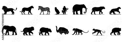 Set of black silhouettes of various animals and early humans.