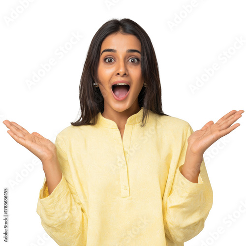 Surprised young woman with open mouth and arms outstretched expressing excitement and joy isolated on white