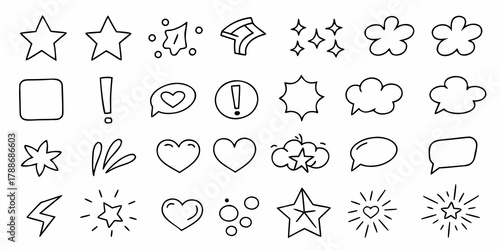 Collection of hand drawn doodle icons including stars hearts clouds speech bubbles and exclamation marks
