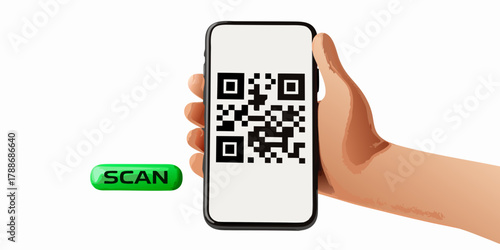 Hand holding a smartphone displaying a qr code with a scan button nearby for digital interaction