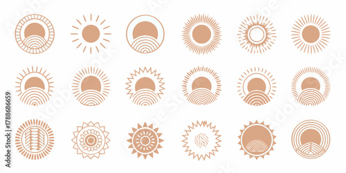 Collection of minimalist sun icons with abstract wavy lines and geometric patterns in a warm neutral color palette