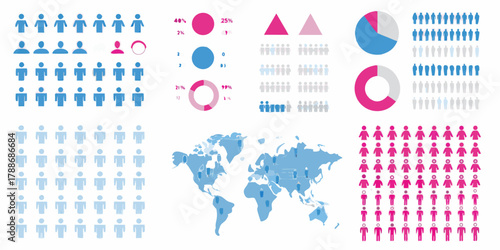 Global demographic data visualization with population icons and charts