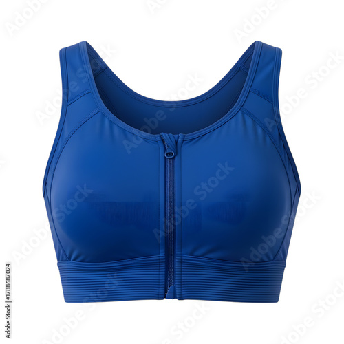 Blue Zipper Front Sports Bra with Ribbed Hem blue bra athletic wear isolated on a transparent background