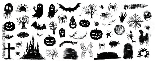 Set of black grunge style Halloween silhouette icons.
