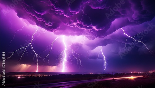 dramatic purple lightning strikes against a stormy sky at night