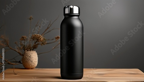 matte black water bottle tumbler mockup standing on minimalist wood isolated on grey background ai generated images