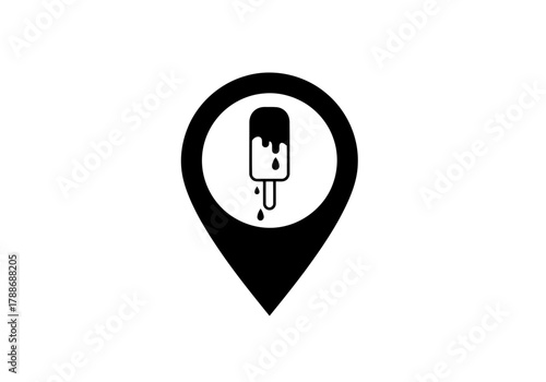 A map pin icon with an yummy chocolate bar ice cream inside indicating the location of a dessert shop or ice cream parlor