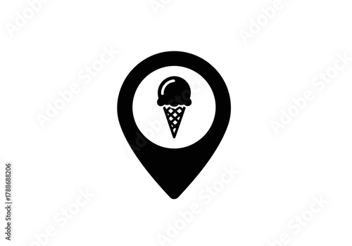 A mouthwatering Ice cream cone icon inside location pin marker indicating dessert place on map with white background