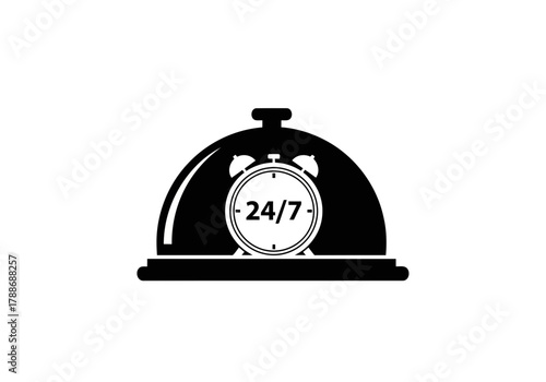Illustration of a food cover or cloche platter with a clock reading twenty four seven hour service availability icon
