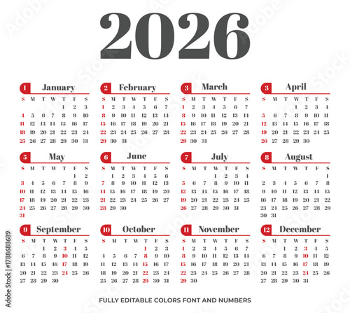 Elegant minimal 2026 year calendar design in English with Sunday as the first weekday