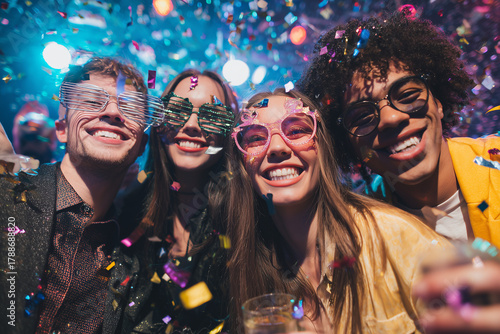 Friends Celebrating the New Year 2026 wearing fun party glasses with bright smiles and drinks under vibrant confetti shower