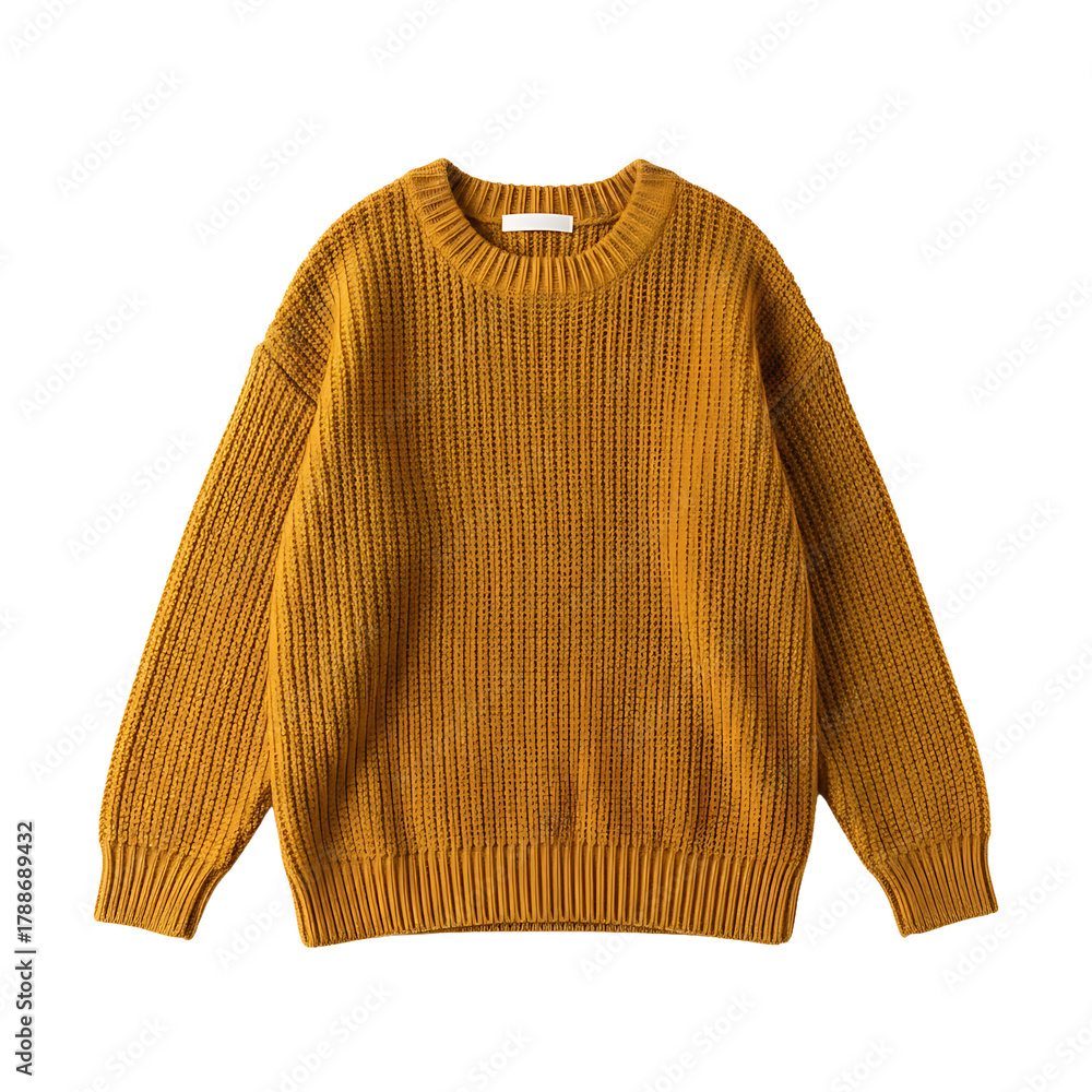 Obraz premium Top view of single casual yellow brown ribbed knit traditional sweater with long sleeves made of cozy soft cashmere fiber isolated on white background used as autumn warm knitwear wool textile clothes