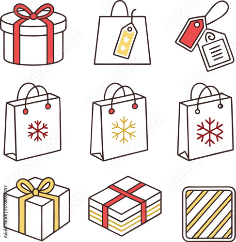 Collection of gift boxes, shopping bags, and price tags