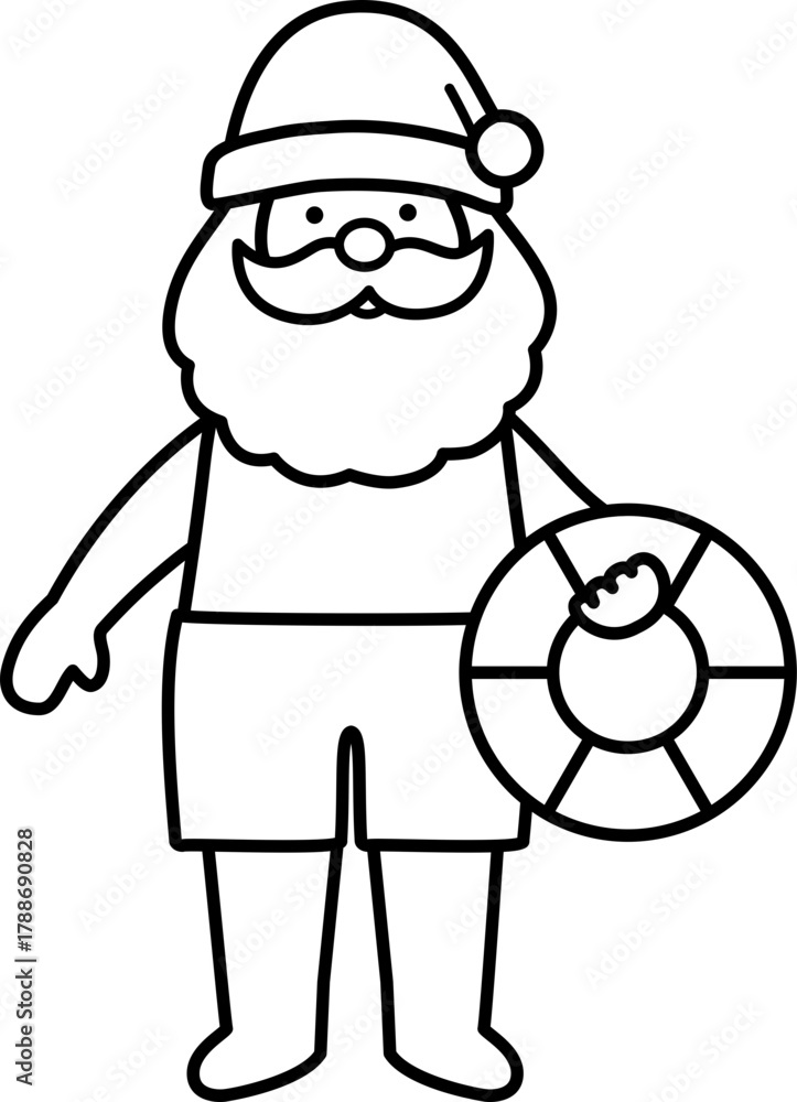Fototapeta premium Beach Santa Claus outline vector illustration. Summer Santa line art Christmas design. Tropical Christmas Santa Claus drawing. Santa Claus with a swimming ring.