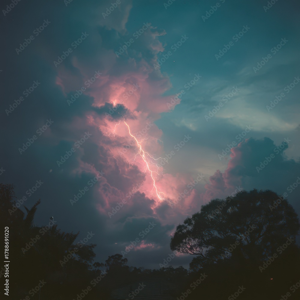 Fototapeta premium Vibrant Lightning Bolt Striking Through Stormy Clouds at Night