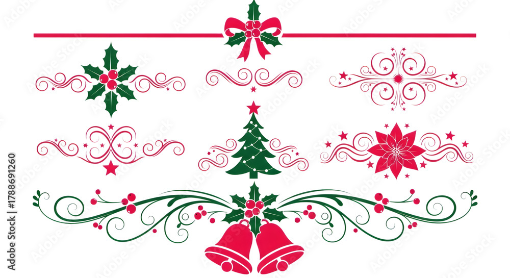 Obraz premium Christmas decorative elements with holly, poinsettia, bells, and swirls in red and green