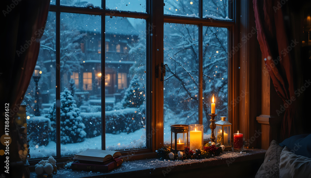 Fototapeta premium Cozy Winter Window View with Snowfall and Candlelight