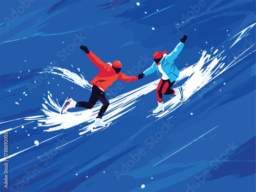 Winter ice skating vector illustration of outdoor activity in snow landscape