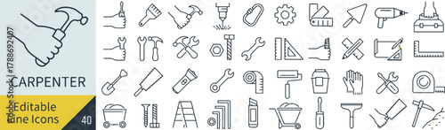 carpenter, tools, icons, line art, editable, set, collection, hammer, screwdriver, saw, wrench, pliers, drill, level, measuring tape, safety helmet, work gloves, chisel, plane, wheelbarrow, ladder, bo