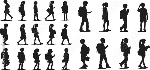 children, kids, silhouette, collection, students, school, walking, carrying backpacks, holding books, holding phones, young, diverse, group, isolated, white background, graphic, illustration, school c