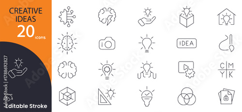 creative, ideas, icons, line art, set, innovation, inspiration, brain, lightbulb, thinking, concept, solution, design, art, technology, process, development, imagination, insight, strategy, creativity