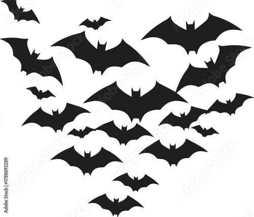 bat, bats, flying, flock, swarm, halloween, spooky, dark, silhouette, creature, animal, night, scary, creepy, horror, illustration, graphic, design, black, white background, airborne, migration, creat