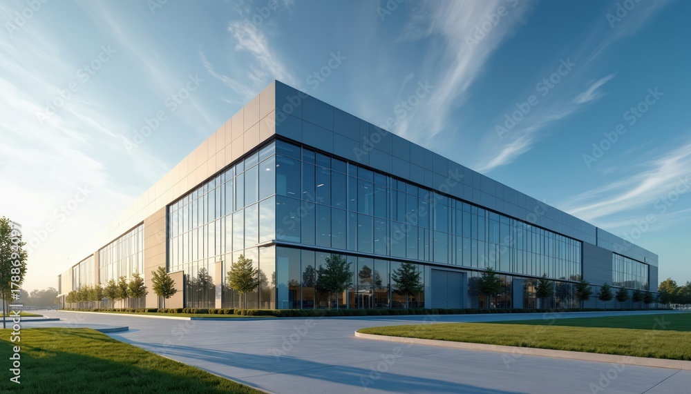 Obraz premium Modern logistic warehouse exterior with large glass windows. Industrial building for storage and distribution. Commercial property for business operations. Wide concrete road in front.