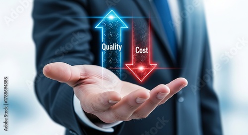 Wallpaper Mural Businessman holding hand out with arrows representing quality and cost in a modern, professional setting. Torontodigital.ca