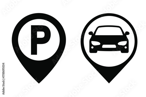 parking, location, pin, icon, car, automobile, map, marker, symbol, navigation, transport, service, sign, black and white, graphic, design, interface, ui, ux, element, information, place, destination,