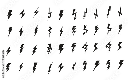 Lightning bolt icon. Flash symbol, thunderbolt, blitz lightnings strike sign. Electric energy black silhouettes, power concept. 