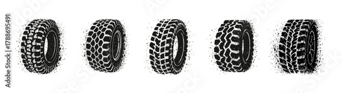 Off Road Vehicle Tires with Grunge Texture Isolated on White Background