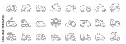 garbage truck, street sweeper, tow truck, crane truck, tanker truck, medical van, fire truck, utility vehicle, service vehicle, transport, industry, emergency, public service, equipment, tool, vehicle
