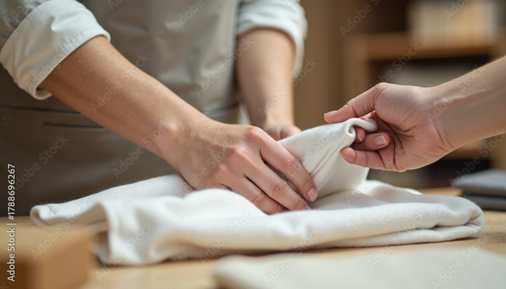 Fototapeta premium Hands folding clothes on counter for packing. Hands folding clothes, showing meticulous care as someone prepares garments for travel or storage, emphasizing organization.