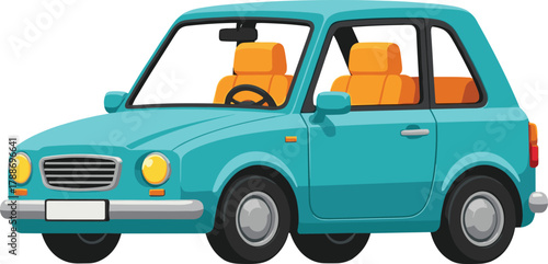 Blue compact car illustration, modern small city vehicle, retro style automobile design, transportation vector art, eco urban car concept