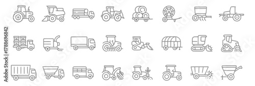 tractor, combine harvester, truck, hay baler, plow, seeder, trailer, harvester, sprayer, loader, farm equipment, agriculture, farming, rural, machinery, vehicle, transport, industry, technology, illus