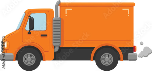 Orange delivery truck illustration, cargo transport vehicle with exhaust smoke, commercial logistics van design, cartoon style transportation clipart