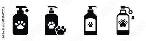 Dog shampoo bottle collection vector illustration for pet grooming and hygiene products design needs