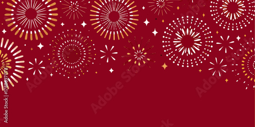 Festive red background with golden and white abstract fireworks and sparkling stars for celebrations