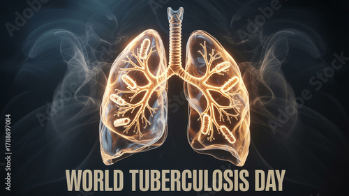Illustration of lungs with bacteria for world tuberculosis day on a dark background with smoke