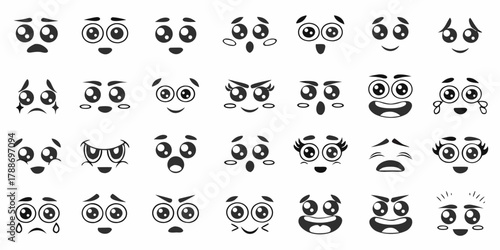 Collection of diverse cartoon faces expressing various emotions and feelings with black and white illustrations