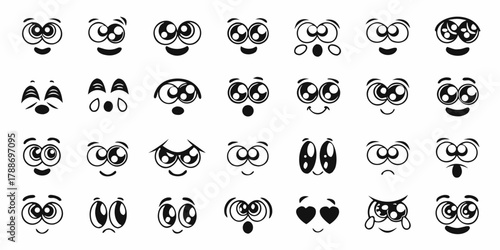 Collection of cartoon eyes and mouths expressing various emotions and feelings in black and white