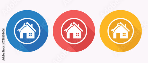 Fotografía House repair logo icon with wrench in blue red and yellow circles